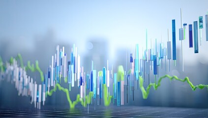 Abstract cityscape backdrop with vibrant candlestick and line charts illustrating market trends; data visualization