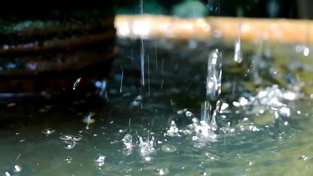 Close-up of water droplets splashing into a rustic stone fountain bowl in a garden, creating ripples and reflections with greenery in the background
