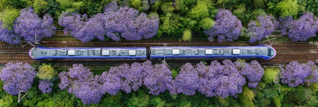 Aerial view of a blue train traversing a railway line flanked by vibrant purple flowering trees and lush greenery