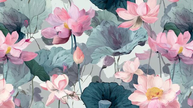 A vibrant pattern of pink and white lotus flowers with green leaves on a soft gray background. The design is suitable for textiles or wallpapers.