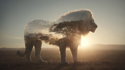 A white lion with landscape overlay stands in field under sunset glow