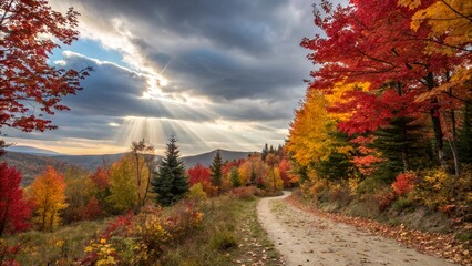 Obraz premium Scenic Autumn Road with Colorful Trees and Sun Rays