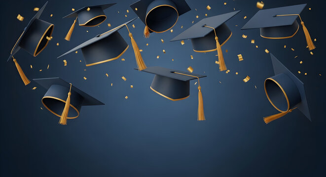 Dynamic graduation celebration with airborne mortarboards and golden confetti