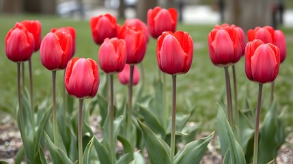 Obraz premium Vibrant Red Tulips Blooming in Spring Garden