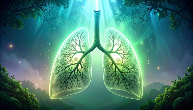 Radiant green human lungs illuminated in a mystical, lush forest, representing healthy breathing, ecological vitality, and the profound connection between nature and life
