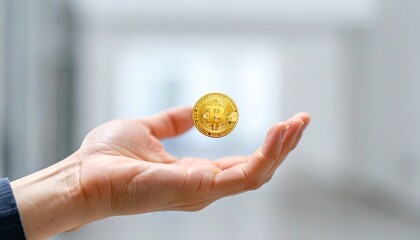 A single shimmering golden digital currency coin gracefully suspended above an outstretched human hand, symbolizing global economic evolution and the transformative future of finance