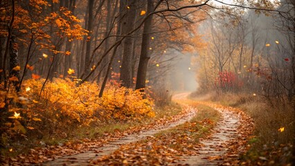 Obraz premium Autumn Forest Path with Fairy Lights