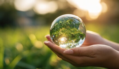 Two hands gently cradle a crystal orb reflecting a sunlit, verdant landscape