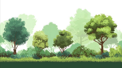 a forest in 2d pixel style childrens book mood trees and shrubs white background green grass a white sky clear sky beautiful painting by Beatrix Potter Using .