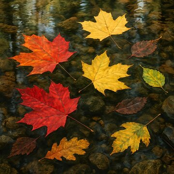 Colorful Autumn Leaves Floating on Clear Water Stream