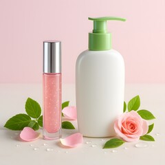 Isolated plastic bottle of pink rose cosmetic oil for skin care and spa aromatherapy