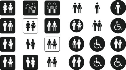 Assortment of restroom and accessibility signs with men women and wheelchair icons restroom sign
