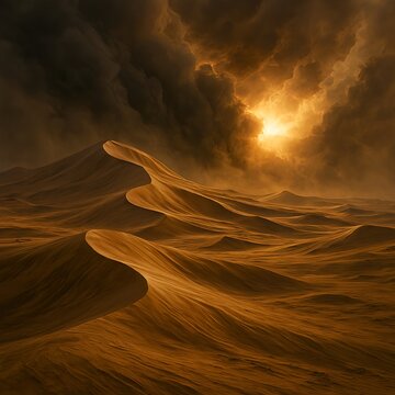 Golden Desert Sandstorm with Sunlight Over Dunes
