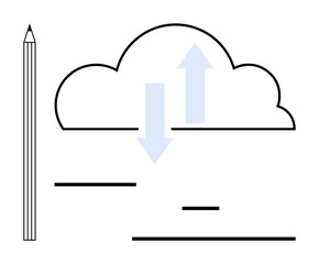 Cloud with two arrows indicating data flow, horizontal lines resembling text, and pencil symbolizing creativity and communication. Ideal for technology, education, innovation, creativity, data