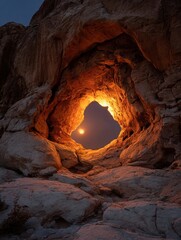 Rocky arch, glowing sunset, moon