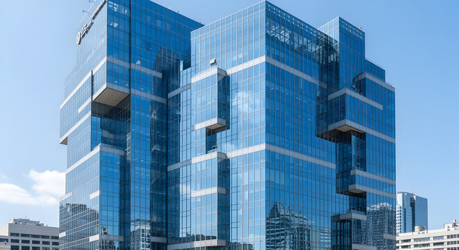 Sleek Modern Office Tower with Reflective Blue Glass Facade Against Clear Sky