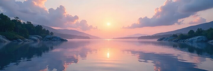 Fototapeta premium Serene Landscape Tranquil Water Reflecting Peaceful Sky - Perfect for Relaxation, Meditation, and Wellness Content