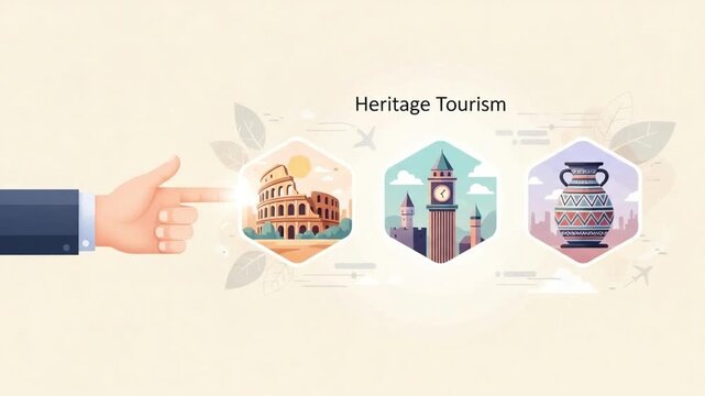 Illustration showcasing heritage tourism with colosseum, big ben, and ancient vase icons