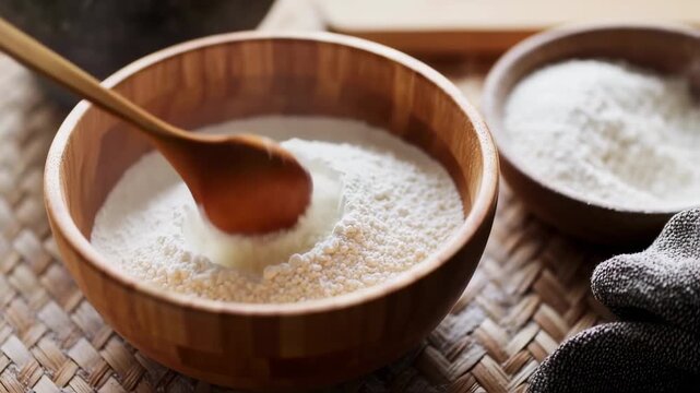 Delicate sifting of flour in rustic wooden bowls for traditional baking preparation