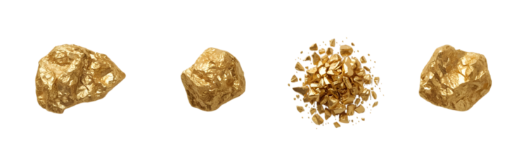 Golden Nuggets of Fortune: Four raw gold nuggets, radiating a natural shimmer, arranged artistically against the stark background, represent prosperity and the allure of precious metal.