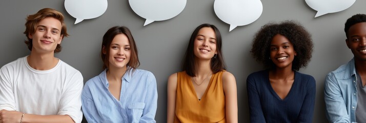 Diverse young adults socializing: multiracial group with speech bubbles and smiling expressions