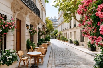 Naklejka premium Charming parisian street with flowers and outdoor cafe in summer