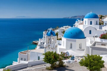 Obraz premium Oia town with its iconic blue domed churches overlooking aegean sea, santorini, greece