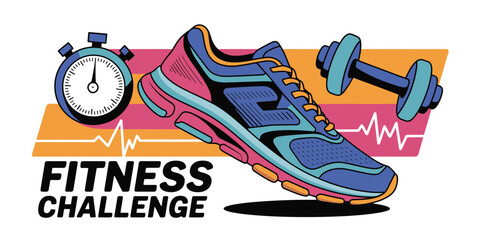 Naklejka premium Illustration showing fitness challenge with shoe dumbbell and stopwatch on colored background design