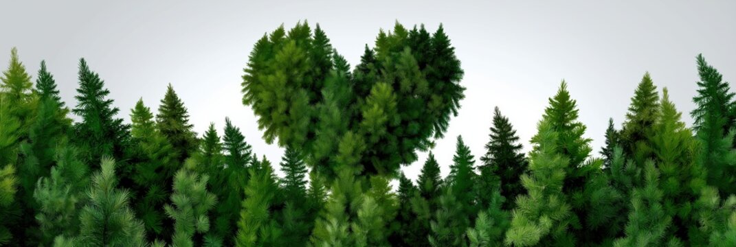 Heart-shaped pine tree amidst lush green forest landscape