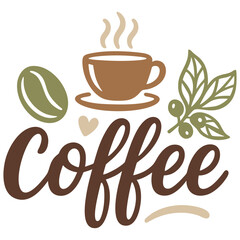 Coffee lettering design with hot cup, coffee bean, branch with leaves, and heart detail. Cozy vector illustration for posters, stickers, t-shirts, mugs, café decor, kitchen prints, and digital designs