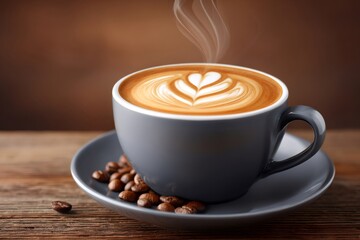 Fototapeta premium Steaming cup of latte art coffee with coffee beans on wooden table