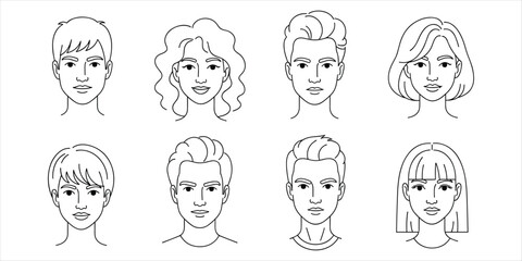 Diverse Line Art Portraits of Men and Women Faces head person