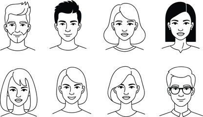 Diverse line art portraits of men and women with different hairstyles people woman