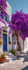 Vibrant purple bougainvillea drapes over whitewashed building, blue door, stone path, sunny day