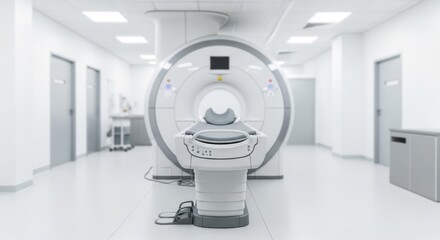 Empty modern MRI machine room, diagnostic imaging equipment in hospital or clinic for medical examination.