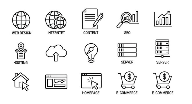 Collection of hand drawn business and technology icons representing global reach data analysis and online commerce