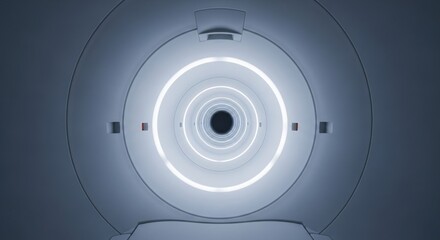 Futuristic white tunnel interior with glowing rings. Modern sci-fi corridor background for technology and scientific concepts.