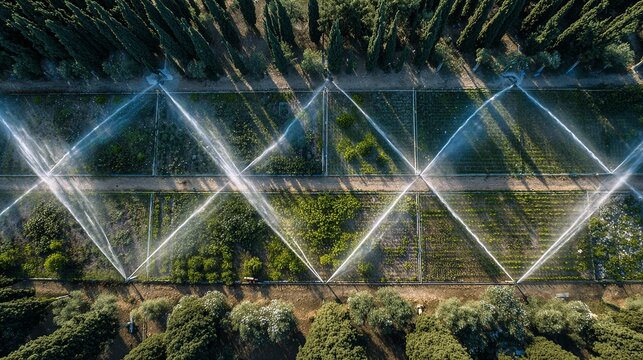 Aerial view of vast green fields and organized irrigation systems in a sunlit setting.