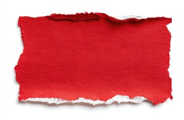 Torn rectangular piece of vibrant red paper with irregular, ragged edges against a stark white background