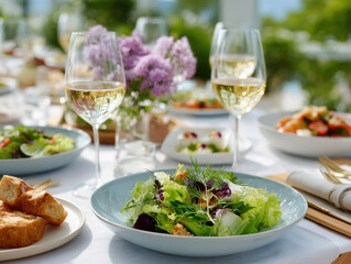 Delicious green salad with wine on table setting outdoors