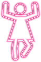 Female person in mid-air with arms raised and body posture indicating happiness.