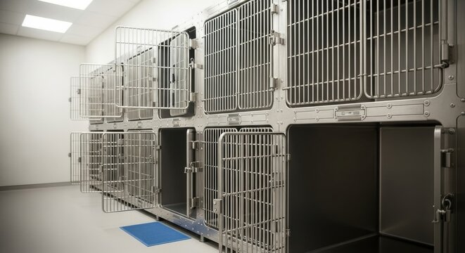 Empty animal cages inside a clinical veterinary facility. Clean stainless steel kennels for pet boarding or hospital care for animals.
