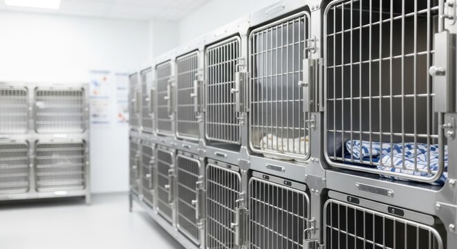 Empty metal cages in a clean, modern veterinary clinic. Animal hospital kennel for pet boarding and recovery.