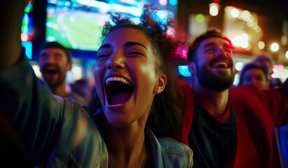Fototapeta premium Young woman with friends watching and cheering intense sports match in sports bar, celebrating victory, enjoying excitement, enthusiasm, fun, team spirit, social gathering, indoor activity, fan experi