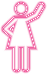 Female person waving with one hand while the other rests on the waist.