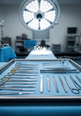 Tray of surgical instruments in an operating room with a bright overhead light. Medical equipment for surgery.