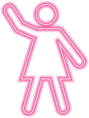 Female person in a waving posture with one arm lifted.