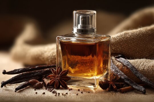 Minimalist product photo featuring a glass perfume bottle among rustic spices. Beige linen background with soft light highlights fragrance, aroma and timeless beauty