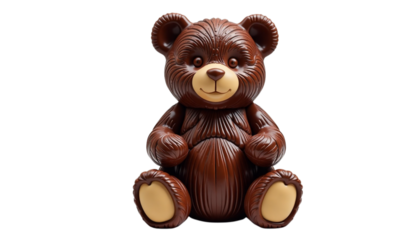 Chocolate bear figurine with cute expression on white background, delightful confectionery design
