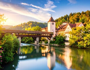Picturesque wooden bridge at sunrise over a river